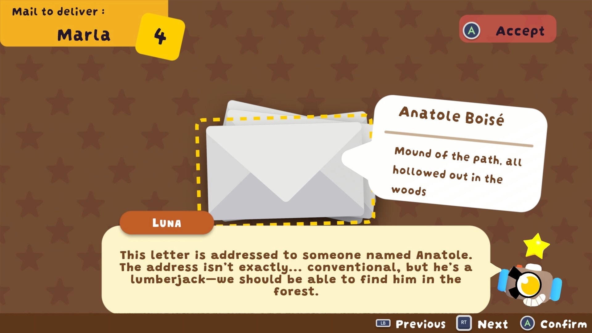 MAFATE: Luna plans mail delivery to Anatole in woods; UI shows letter details and delivery options.
