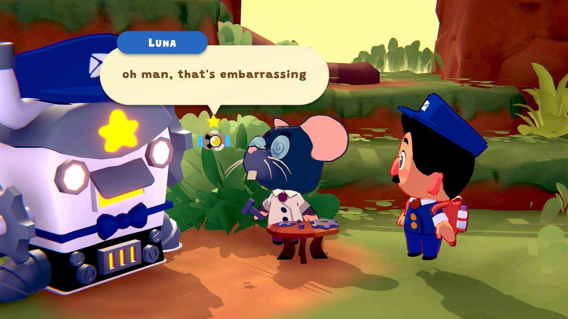 MAFATE: Luna converses with a mouse engineer and mail carrier in a lush, colorful outdoor setting.