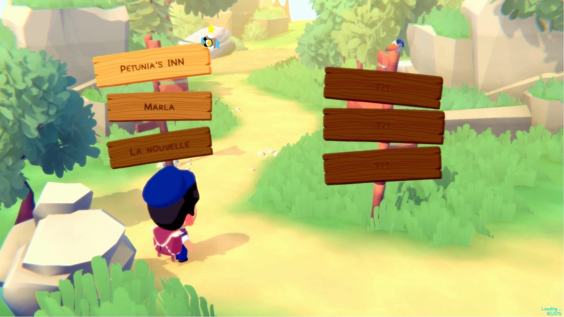MAFATE: Character views path signs to Petunia's Inn, Marla, La Nouvelle in vibrant forest setting