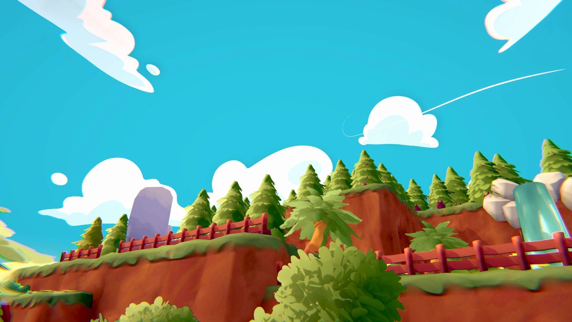 MAFATE: Verdant hillside with pine trees, red fences, and a small waterfall under a bright blue sky