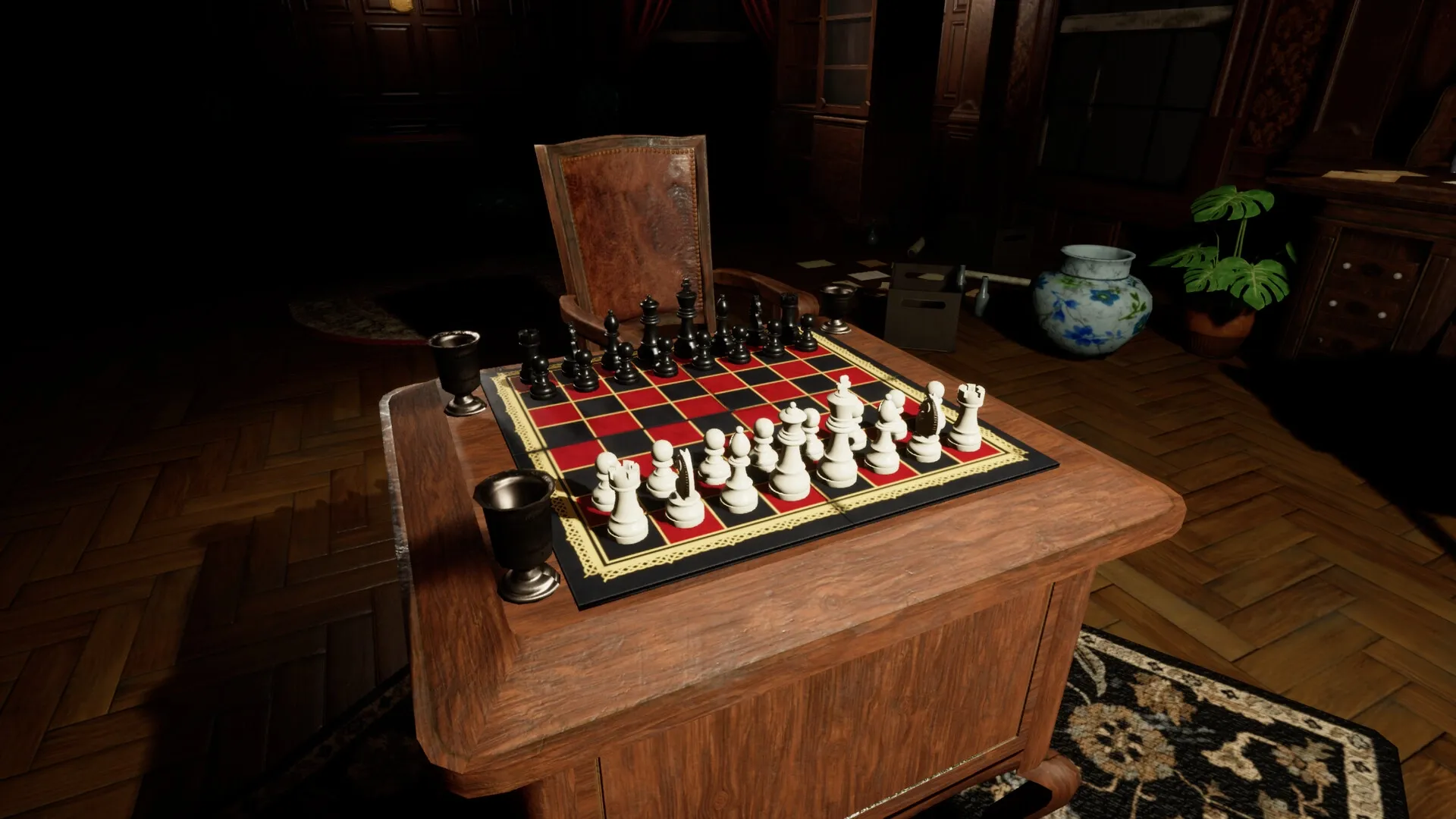 Magic Chess Online: Chessboard setup in a dimly lit study with ornate wooden furniture and decor