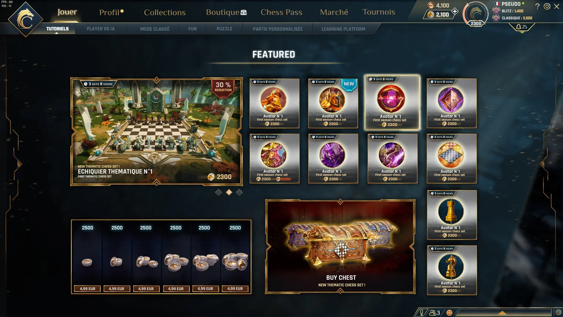 Magic Chess Online: Featured shop menu with thematic chess set and avatar items displayed