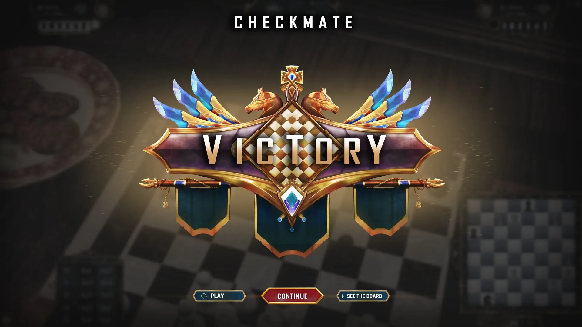 Magic Chess Online: Victory screen with ornate banner, checkmate text, and play, continue options