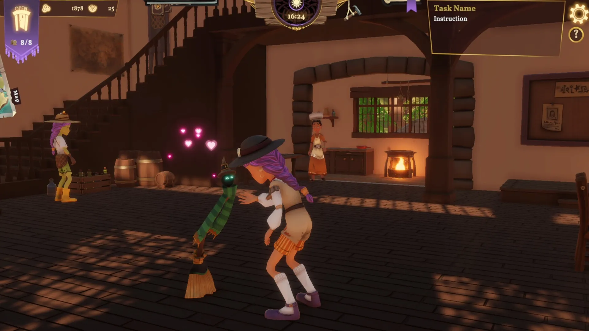 Magic Inn: Wizard interacts with enchanted broom in warm tavern interior while task menu is open