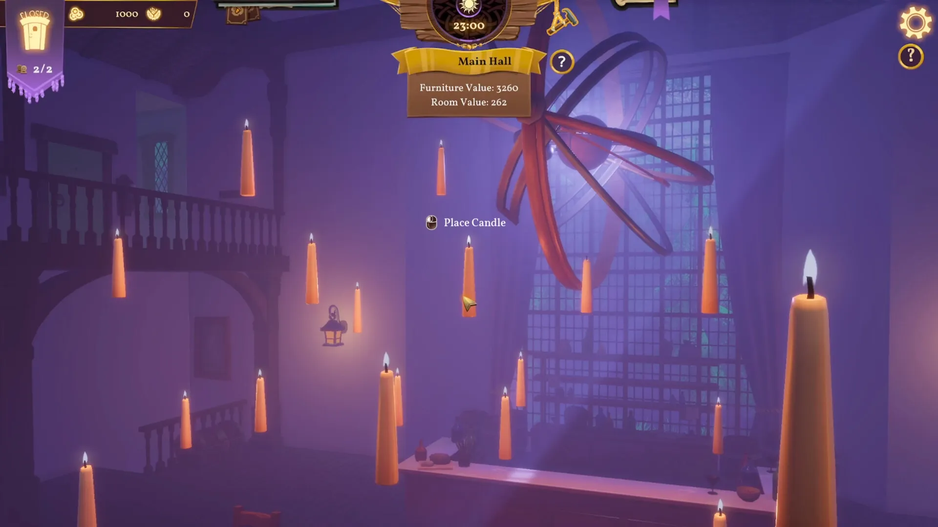 Magic Inn: Floating candles placement in dimly lit main hall with furniture and room values displayed