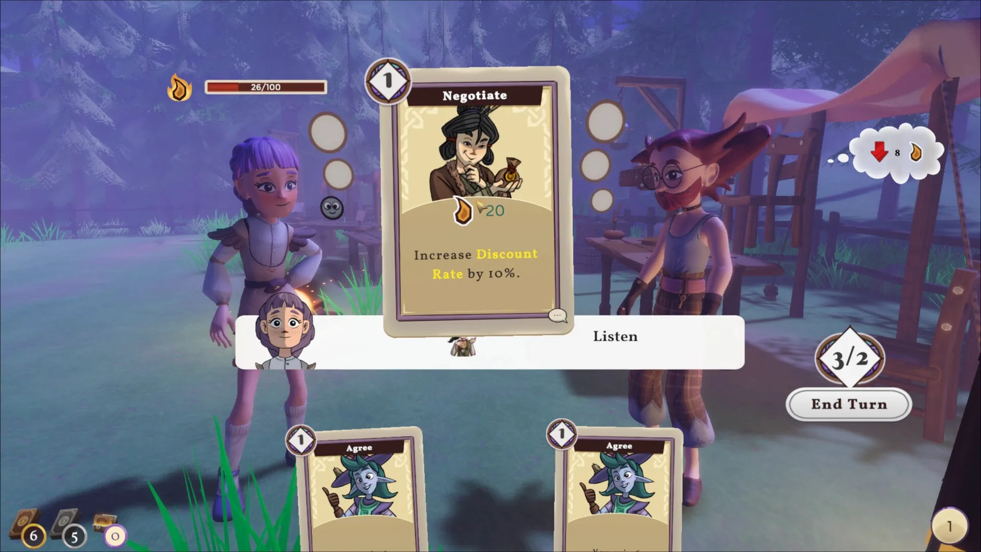 Magic Inn: Card negotiation scene with two characters and dialogue options in a magical forest setting.
