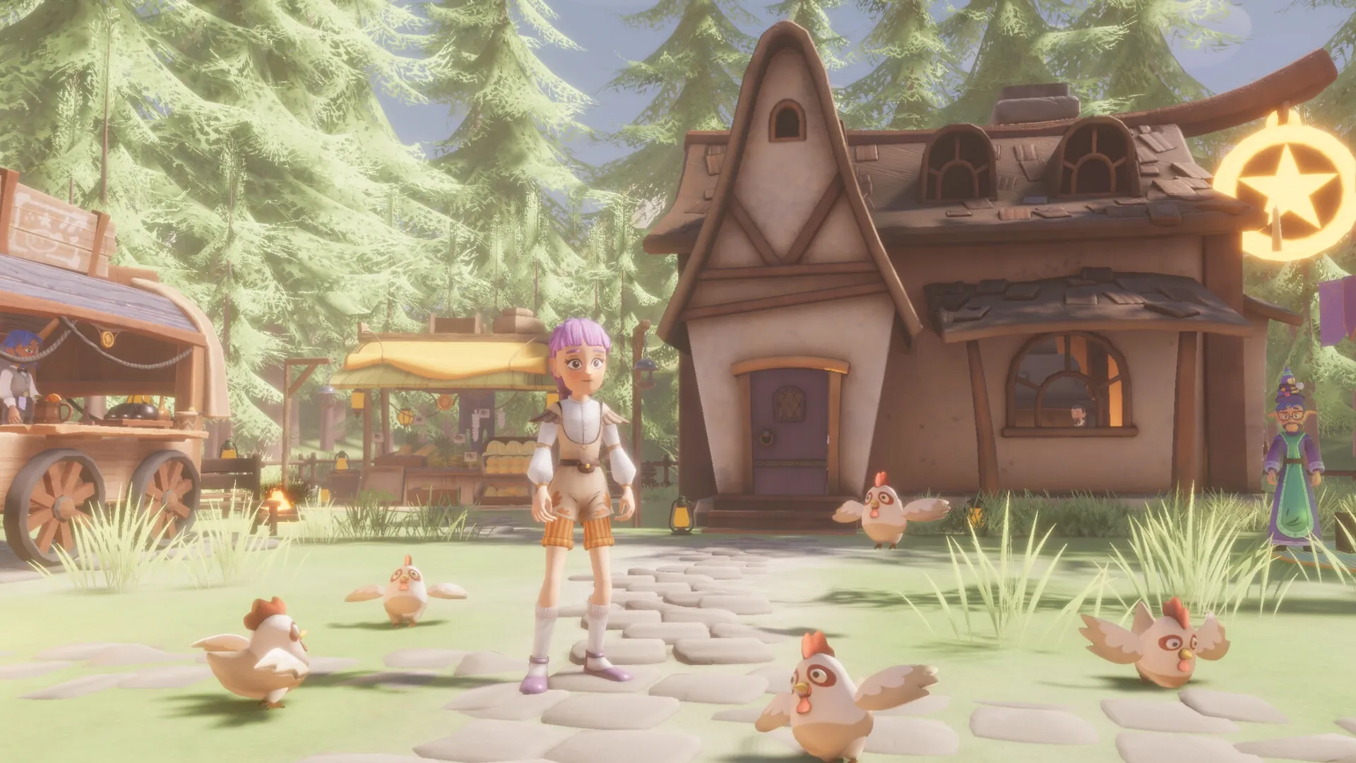 Magic Inn: Character with purple hair stands by charming inn surrounded by chickens in a forest village.
