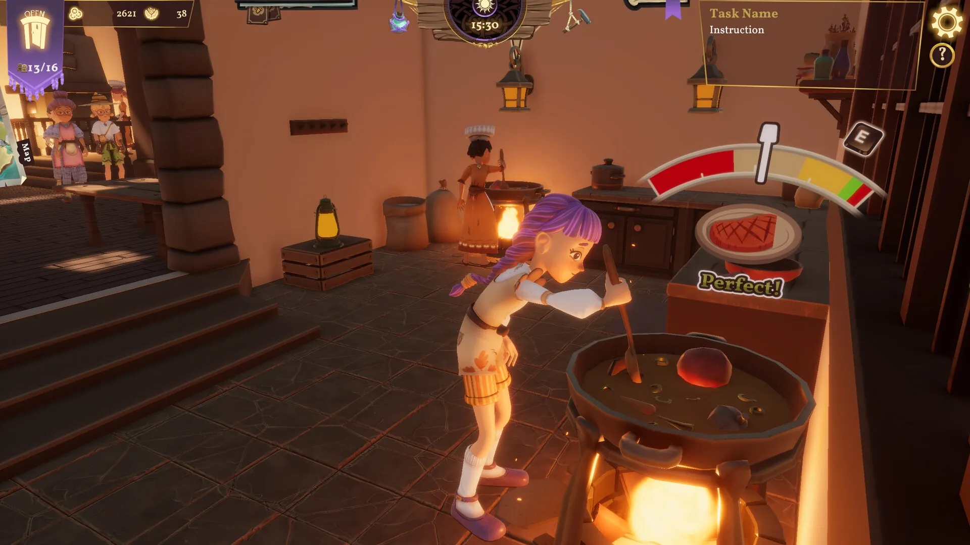 Magic Inn: Player character cooks stew in kitchen, UI shows cooking progress and task instructions
