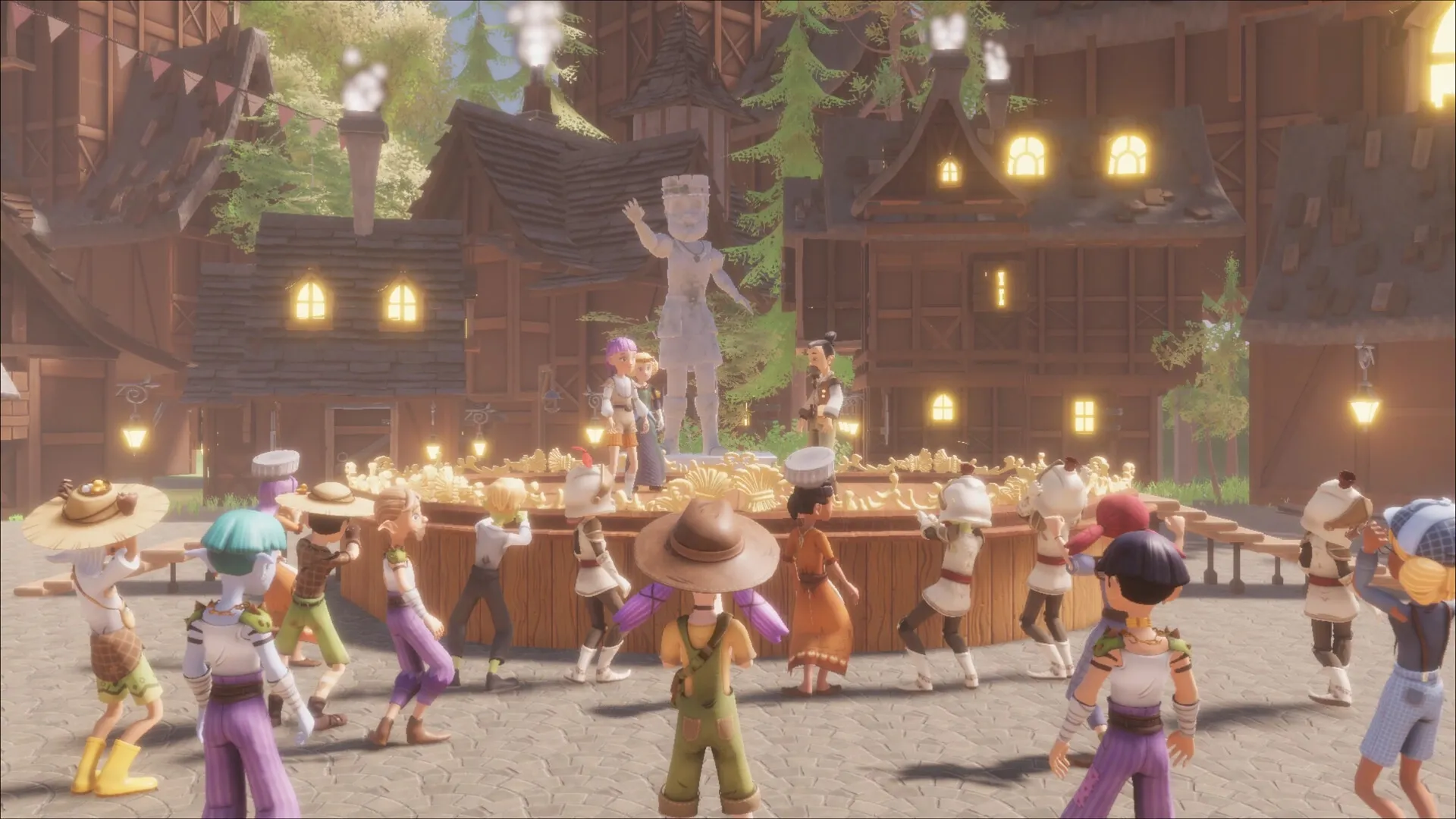 Magic Inn: Characters gather around a festive table outside, with glowing lanterns and a large statue nearby.