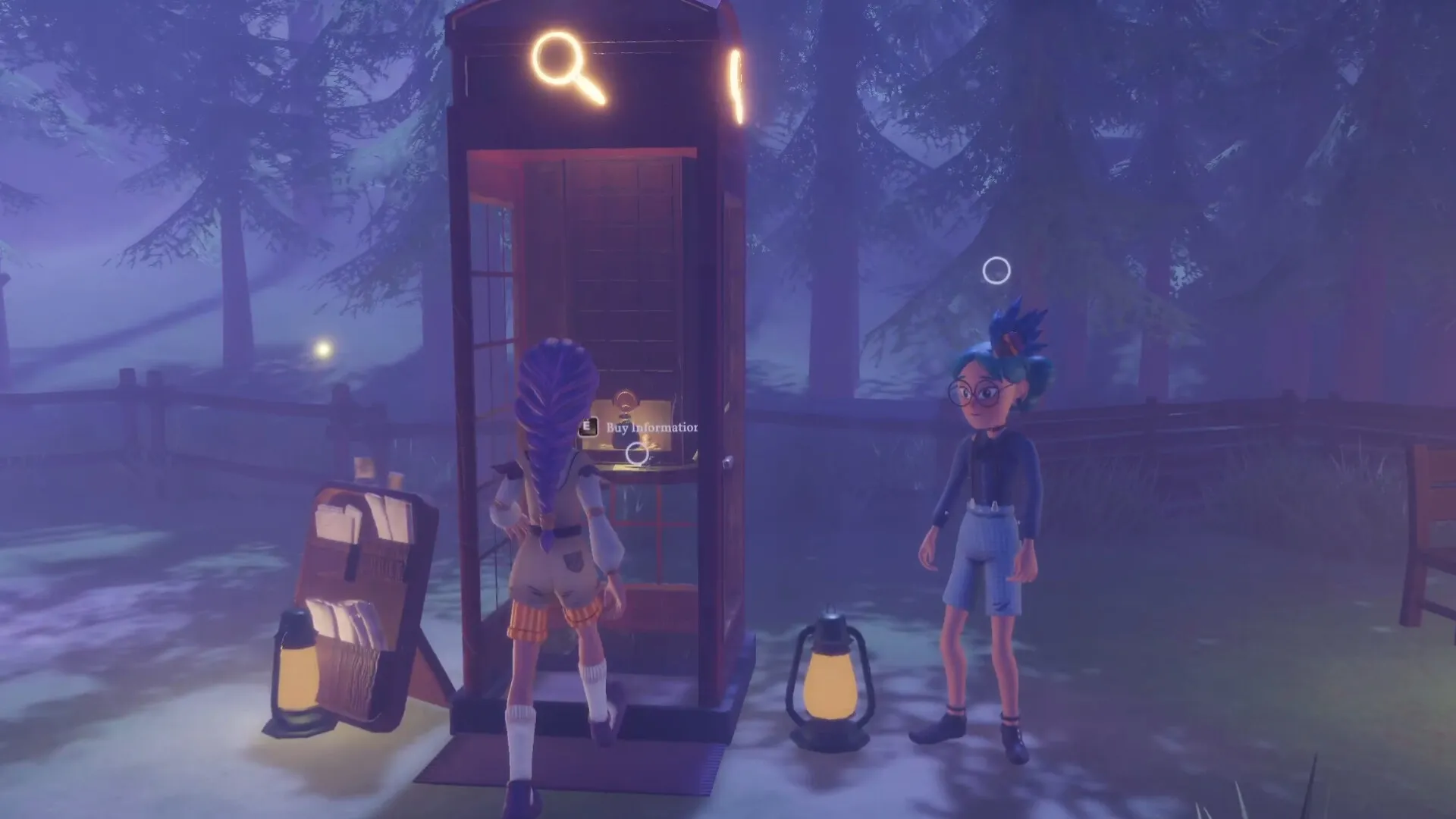 Magic Inn: Character examines information booth in foggy forest with another character nearby and lanterns.
