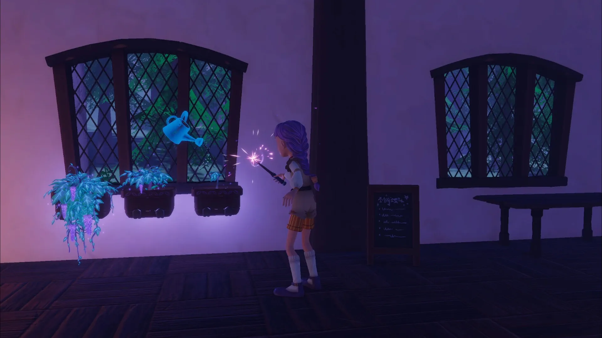 Magic Inn: Wizard character uses magic to water glowing plants inside cozy tavern room with wooden floors