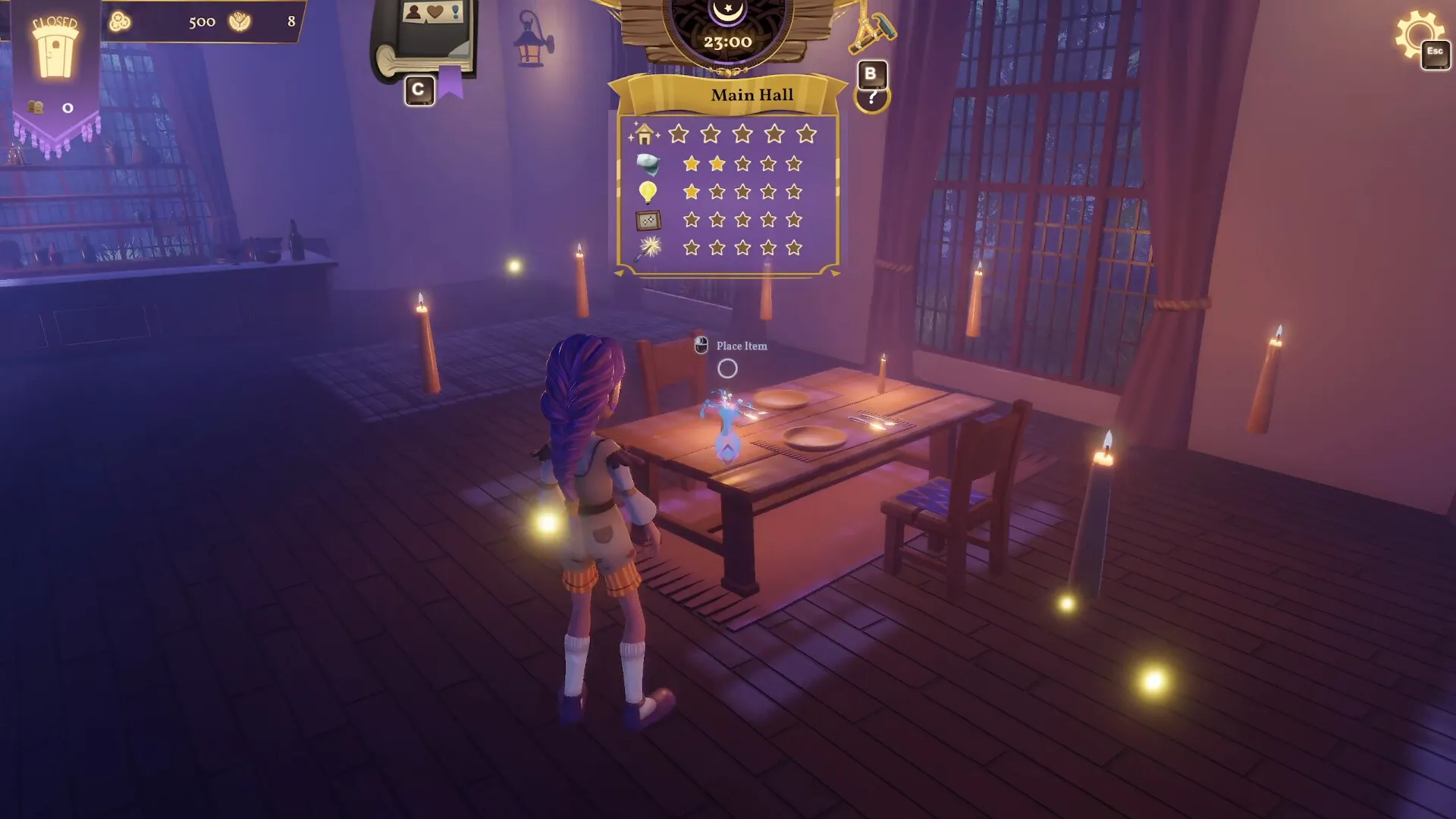 Magic Inn: Wizard places item on table in candlelit main hall with star rating and currency UI visible