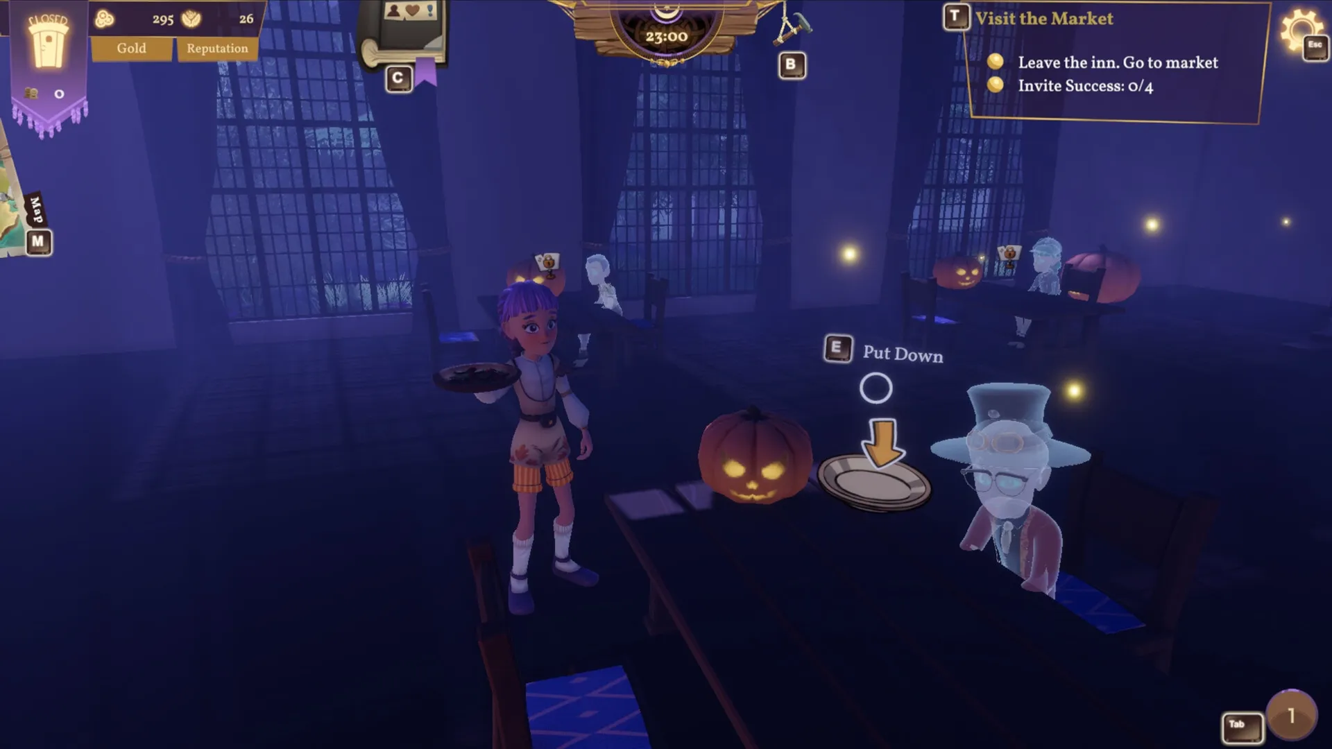 Magic Inn: A young innkeeper serves food to ghostly guests in a dimly lit tavern with pumpkin decor.