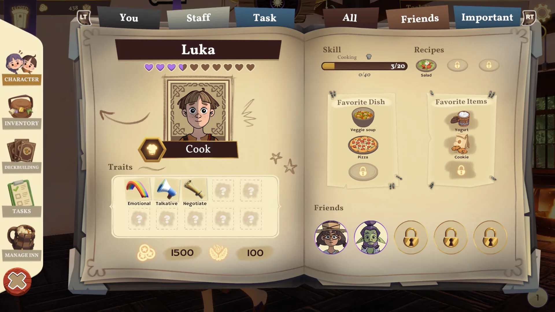 Magic Inn: Character profile of Luka, the cook, showing traits, skills, favorite dishes, and items