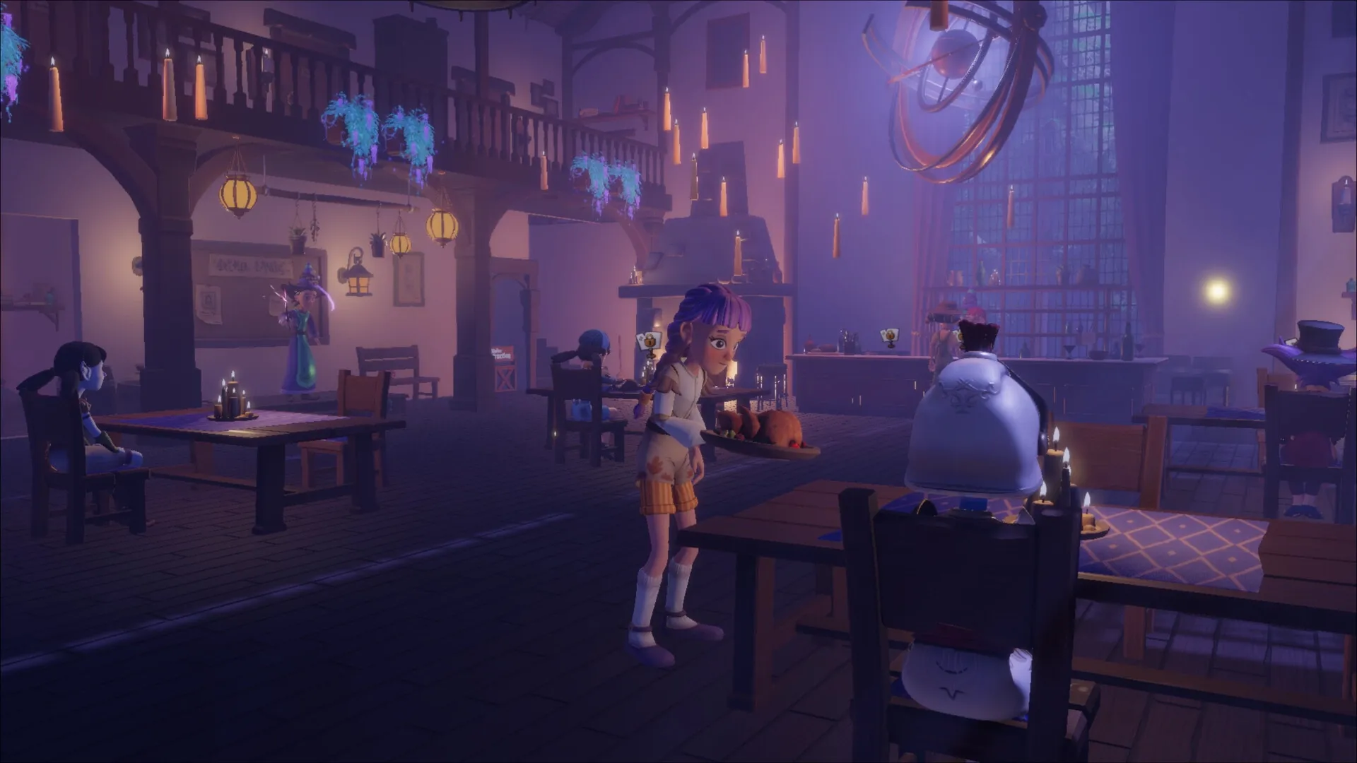 Magic Inn: Server delivering food in a cozy tavern with magical decor and multiple guests seated