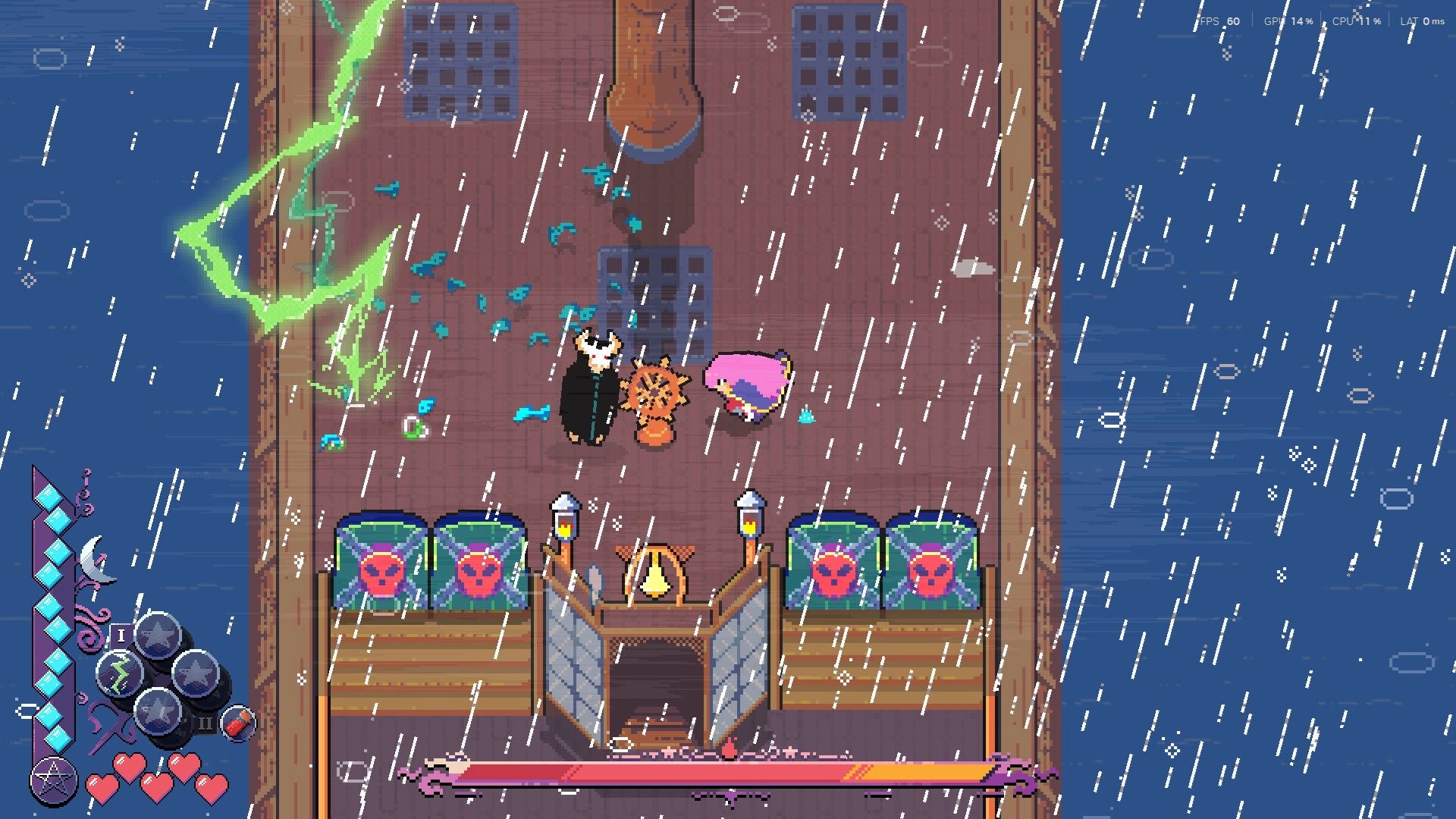Magical Blush: Player beside two NPCs on a rainy ship deck, green lightning and skull crates nearby.