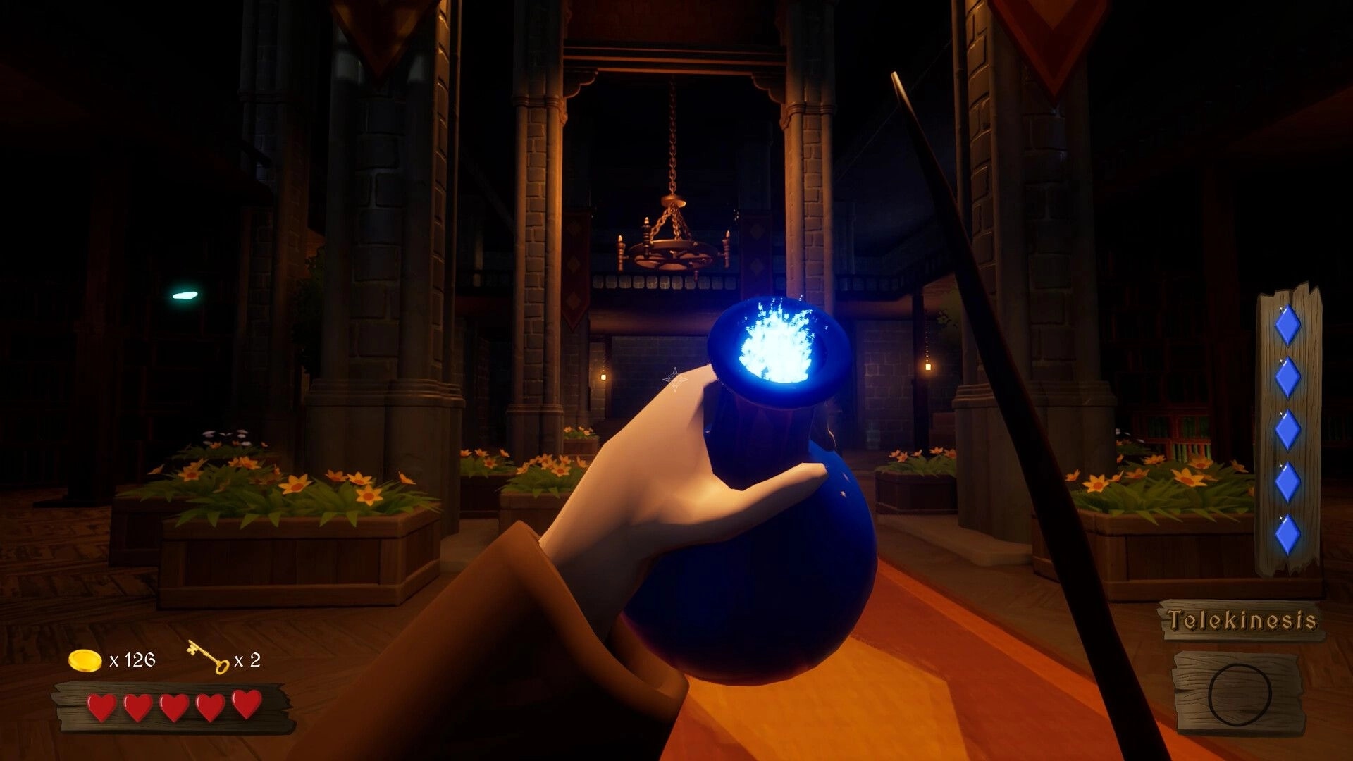 Magician Impossible: Casting a spell with blue energy in a dimly lit hall with flower pots and columns