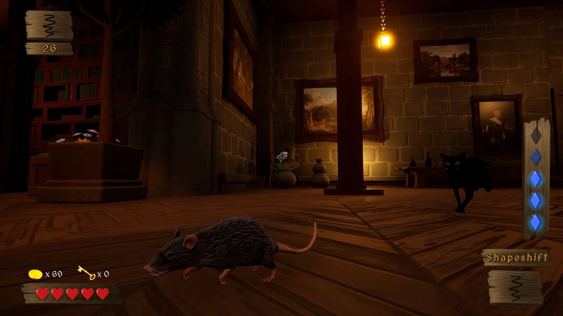 Magician Impossible: Wand UI and shapeshift icons in a dimly lit room with a rat and a black cat