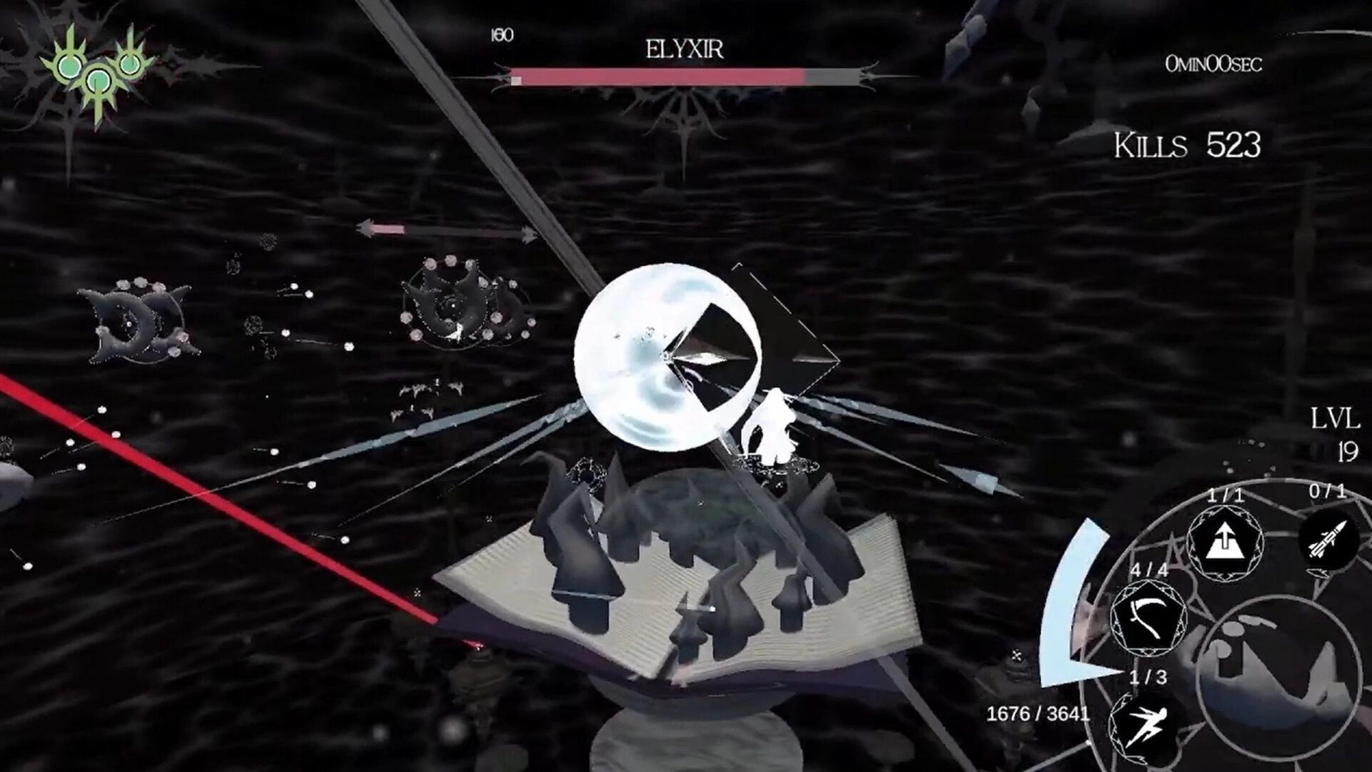 MAGIYA: Boss fight vs ELYXIR with health bar, kills 523, level 19, casting in dark void arena.