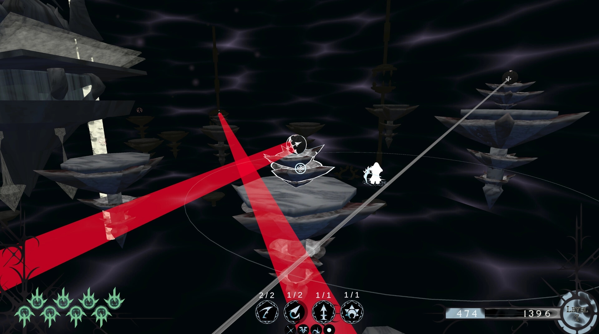 MAGIYA: Wyzard silhouette on floating platforms with red hazard beams and spell icons in void sky.