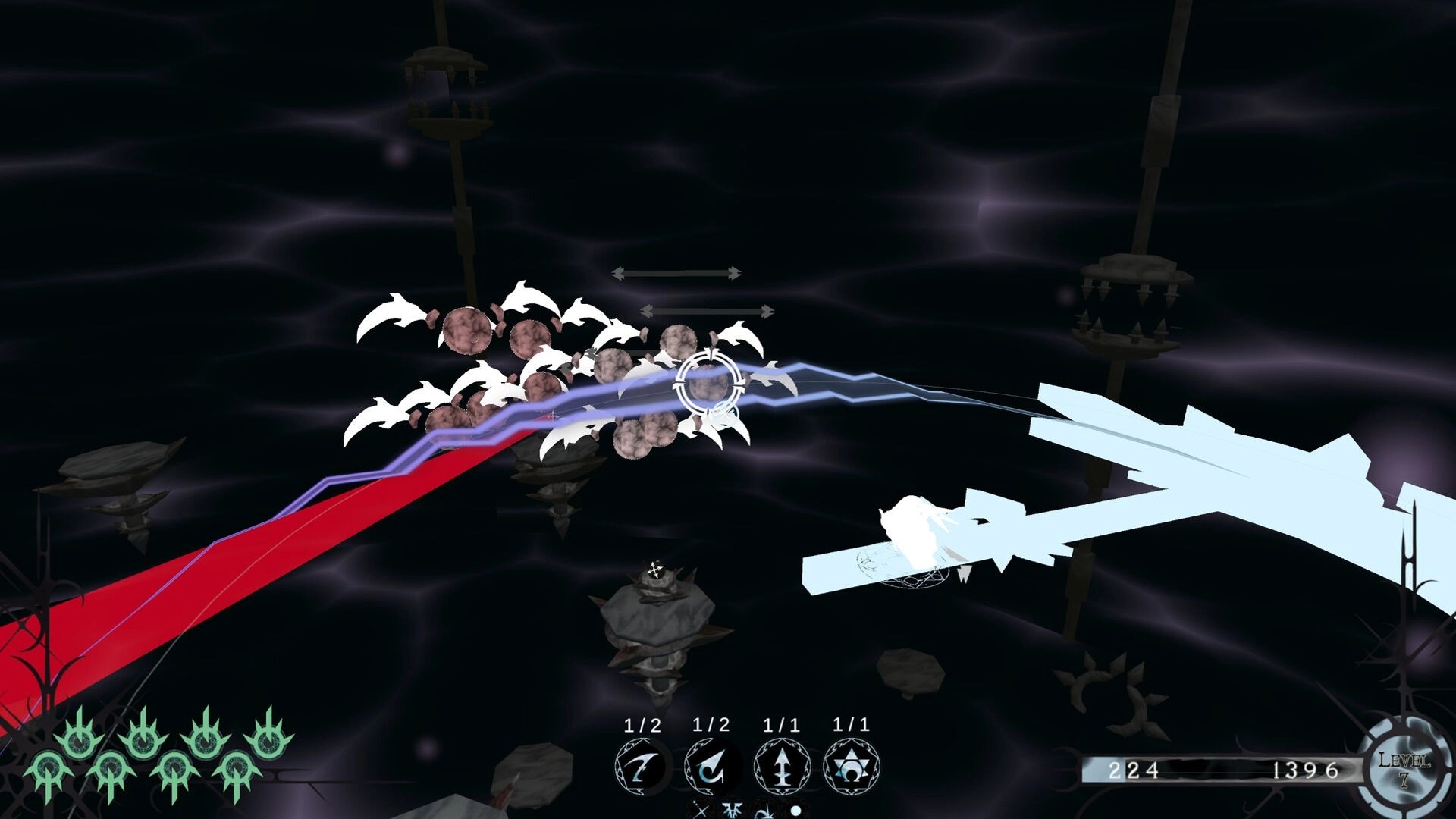 MAGIYA: Lightning beam hits a swarm of batlike wisps over floating rocks, spell UI below.