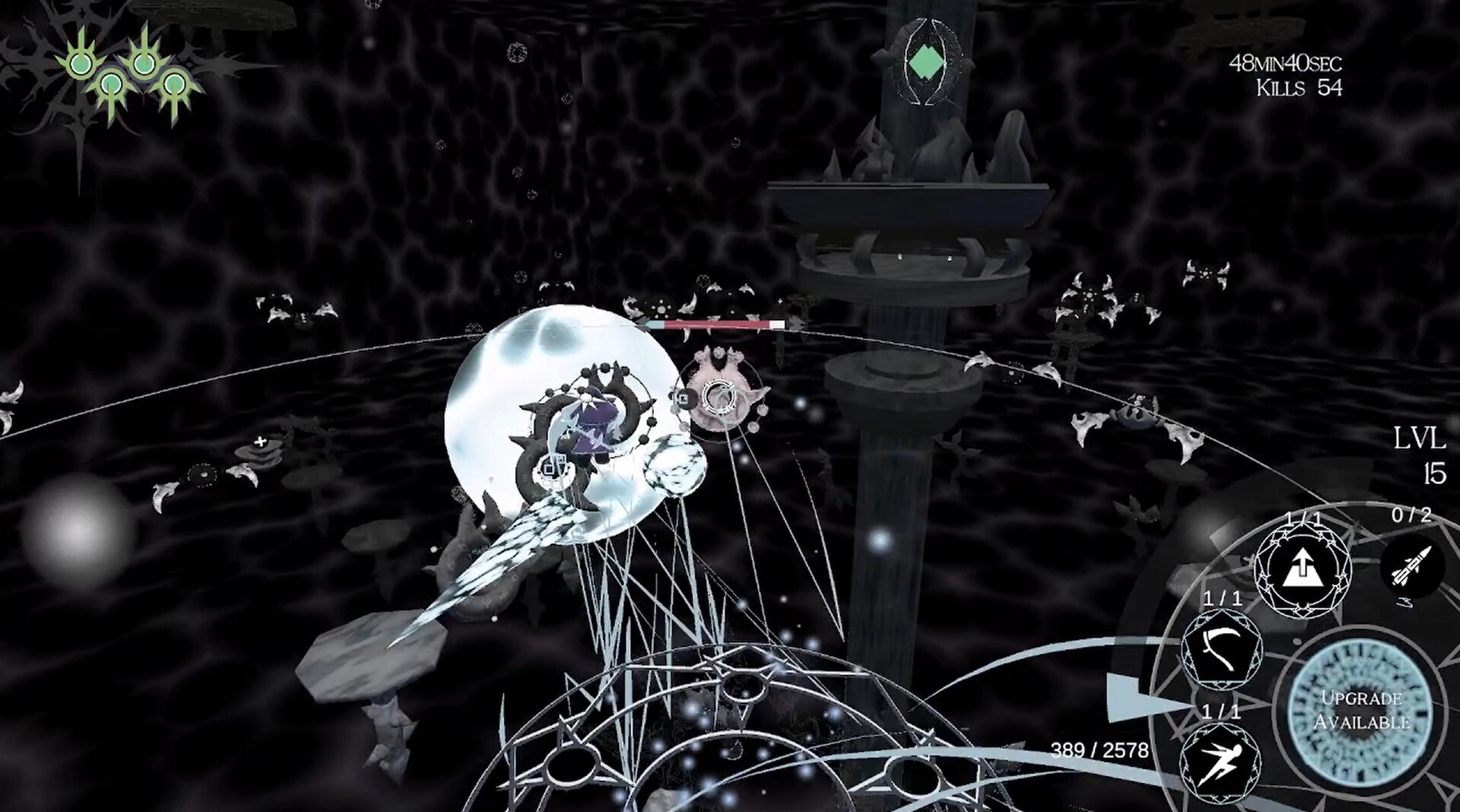 MAGIYA: Player casts a glowing shield spell in a dark arena, UI shows kills 54 and level 15.
