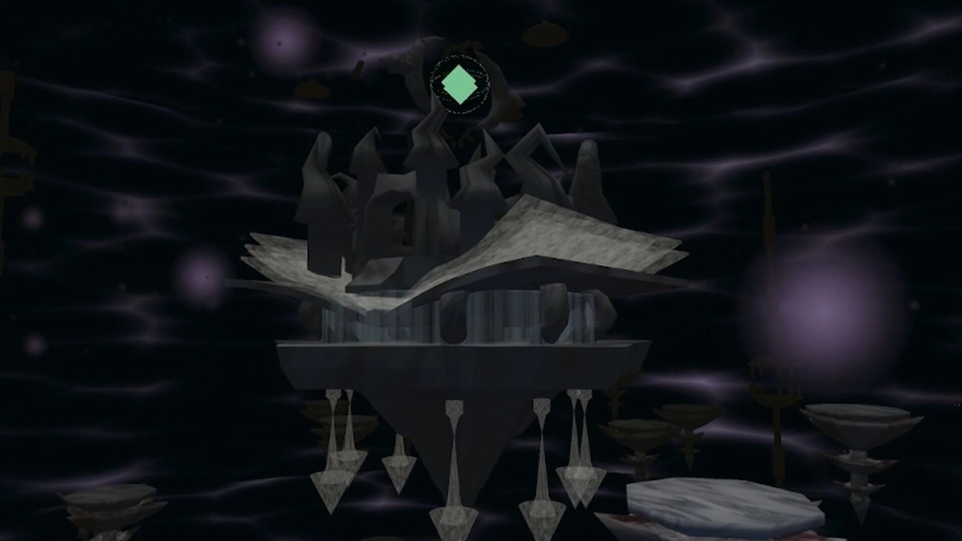 MAGIYA: Floating stone temple with a glowing green diamond sigil in a dark purple void sky.