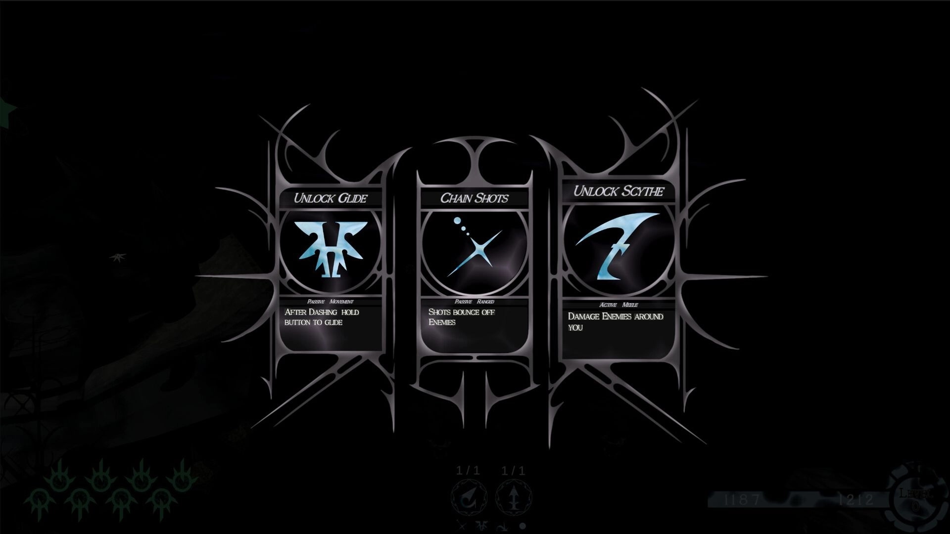 MAGIYA: Upgrade selection menu with Unlock Glide, Chain Shots, and Unlock Scythe cards on dark backdrop.