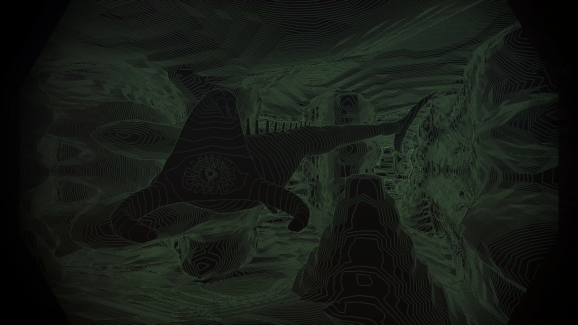 Magnavis: Sonar-like green contour view of a submarine gliding through jagged underwater cave walls.