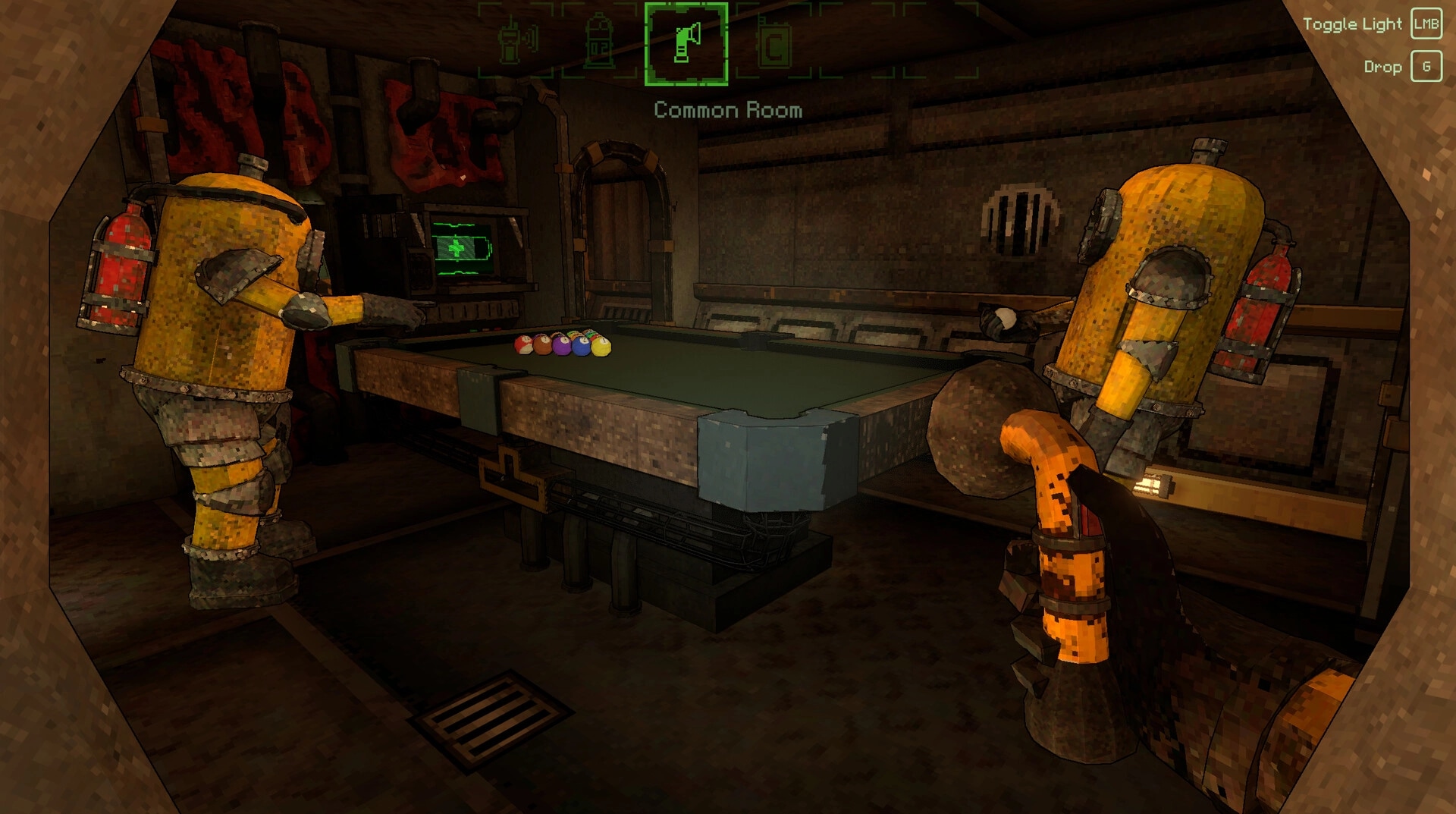 Magnavis: Two suited crew face off at a pool table in the Common Room, with HUD prompts visible.