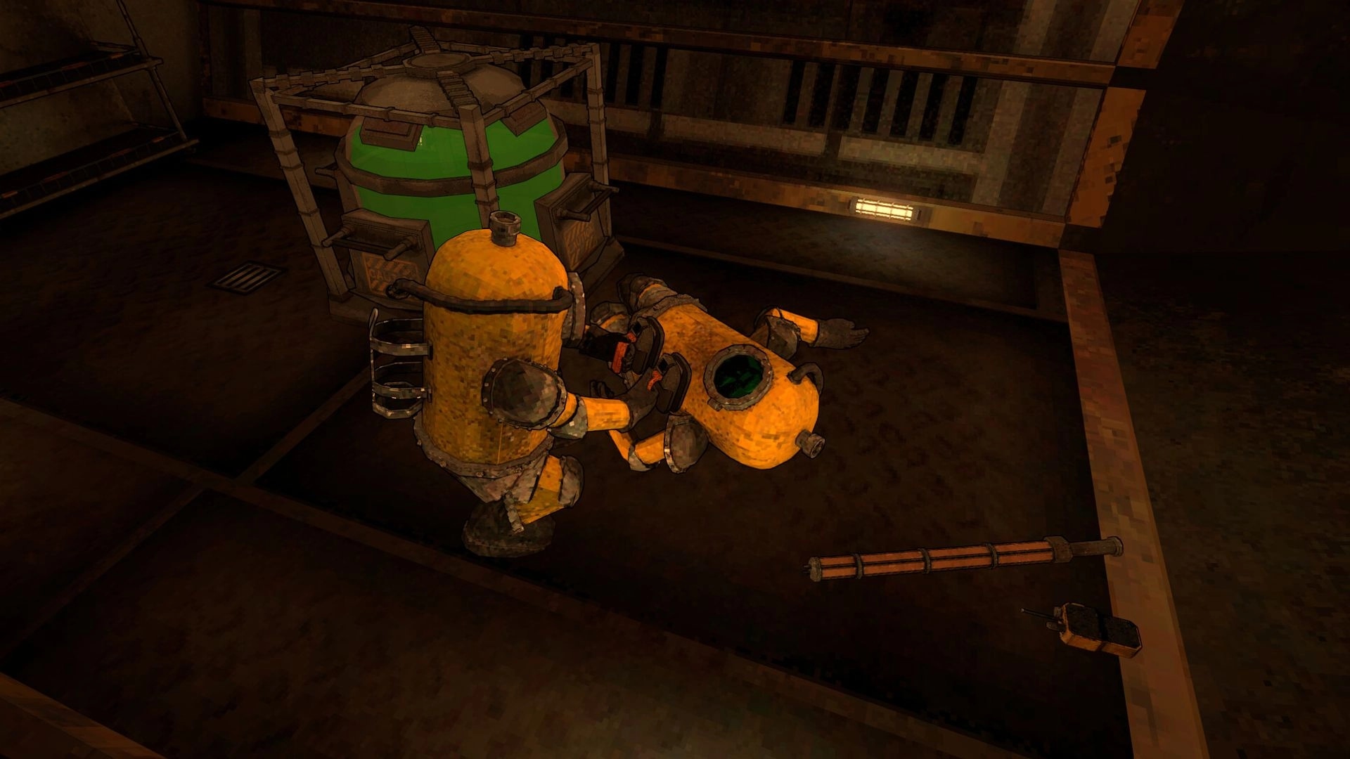 Magnavis: Diver in orange suit drags a limp crewmate beside a green tank in a dim sub bay.
