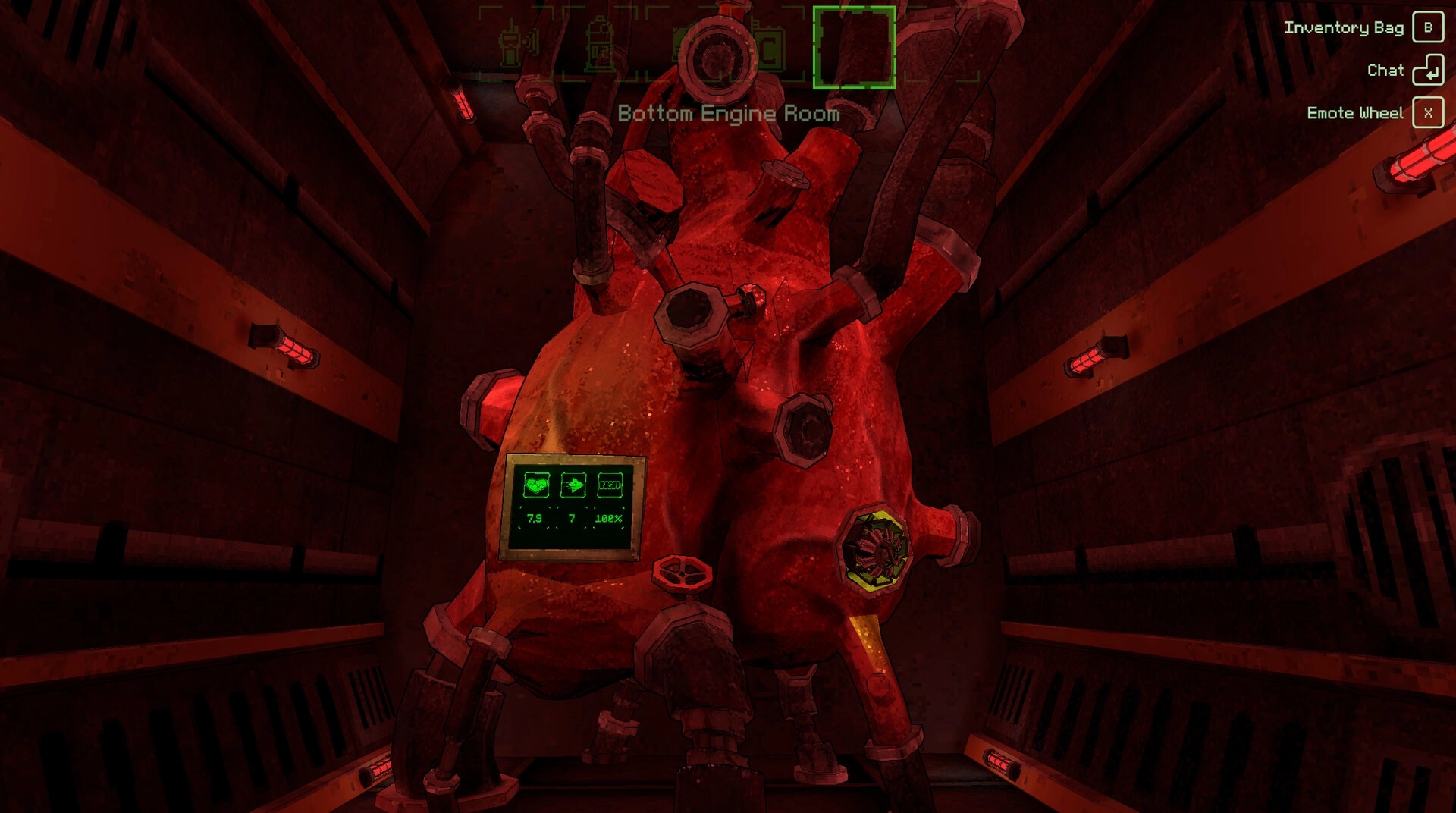Magnavis: Inspecting a red engine tank with status screen in the submarine bottom engine room UI.