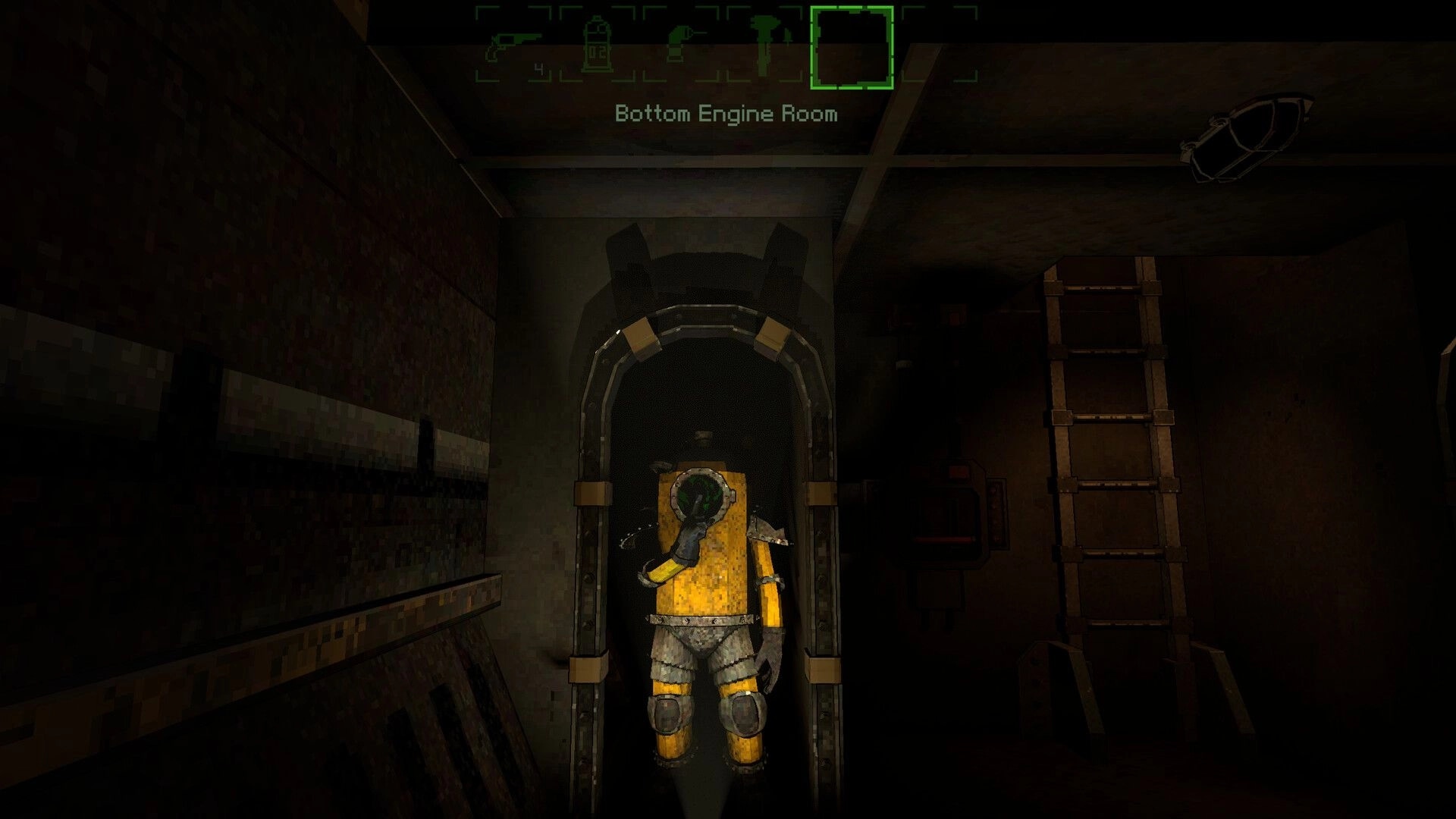 Magnavis: Diver in yellow suit enters a hatchway, UI reads Bottom Engine Room in dim corridor.