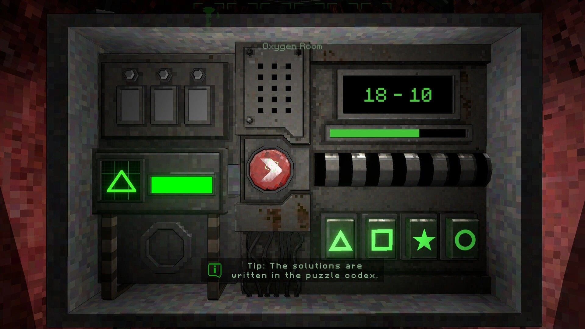 Magnavis: Oxygen Room control puzzle with green symbols, timer 18-10, and progress bar on panel.