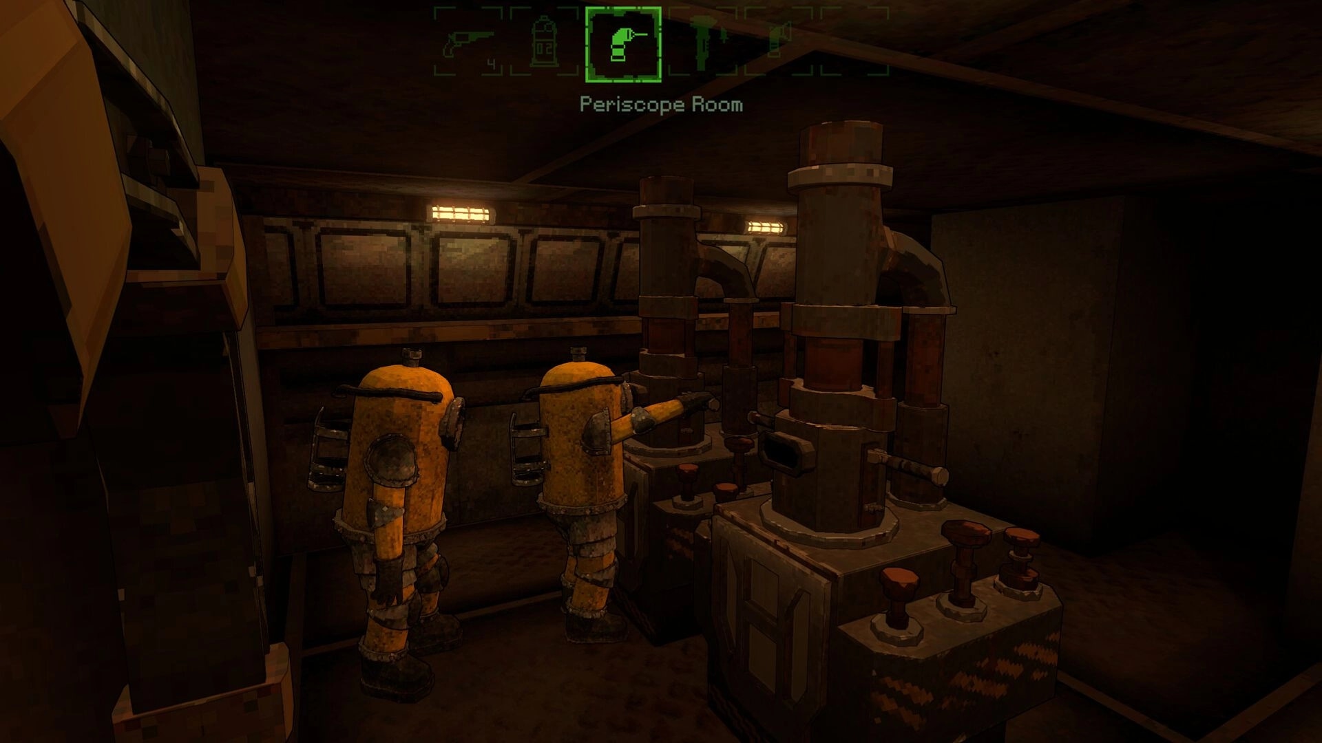 Magnavis: Two divers in yellow suits stand by periscope controls in a dim submarine room UI overlay.