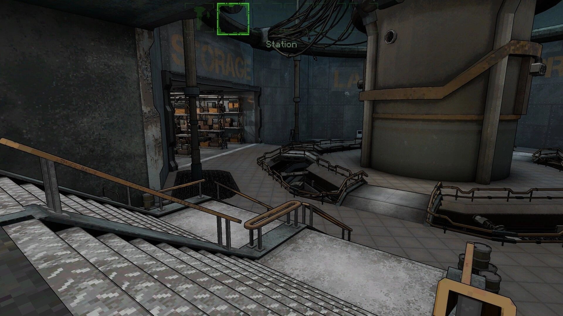 Magnavis: First-person view of a station storage bay with catwalks, pipes, and a green HUD marker.