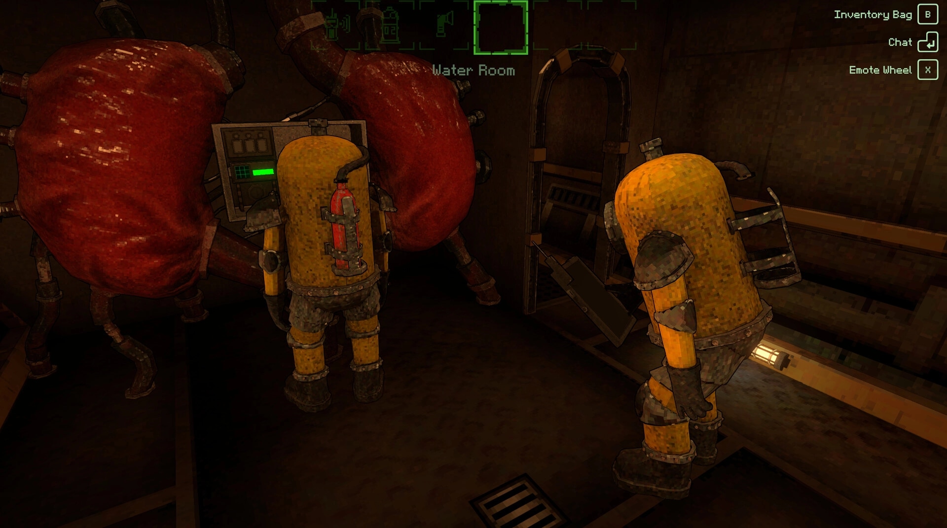 Magnavis: Two suited crew inspect red water tanks and a control panel in the Water Room corridor.