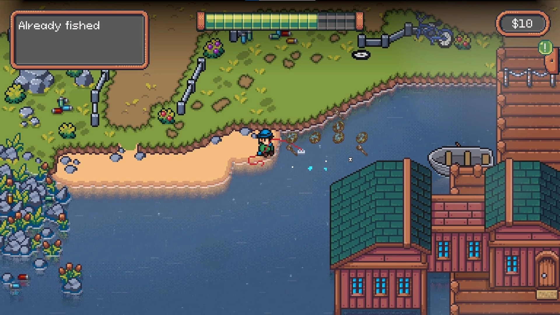 Magnetic Catch: Player magnet fishing from shore by docked boat, message "Already fished" UI at lakeside.