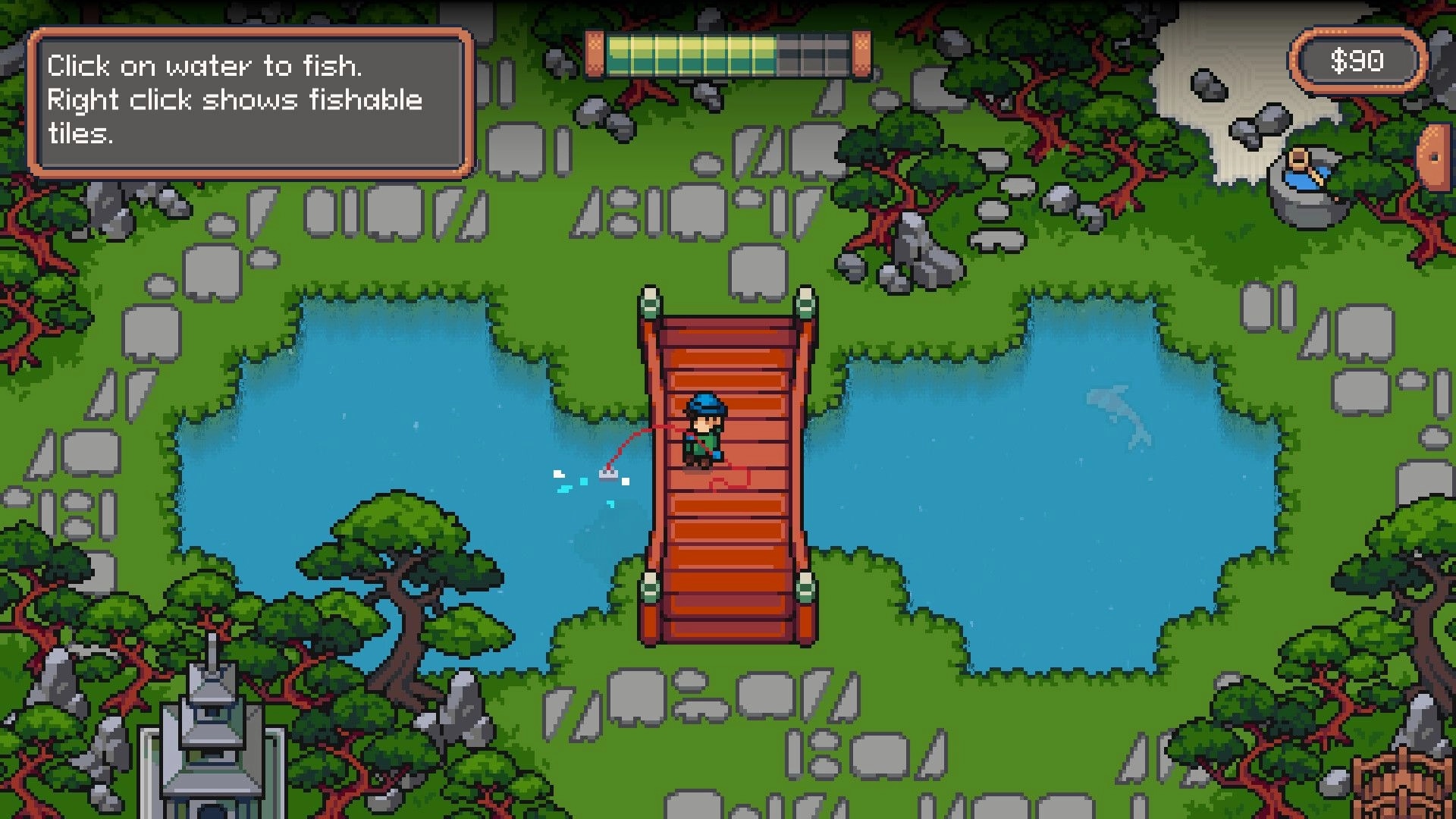 Magnetic Catch: Player casts magnet from a red bridge between ponds, tutorial tip and $90 UI visible.