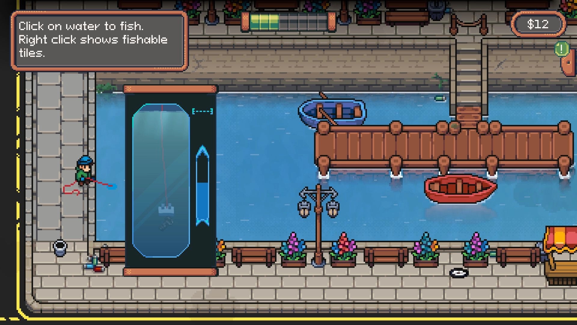 Magnetic Catch: Player magnet-fishing with depth meter UI beside a docked canal and boats in town.