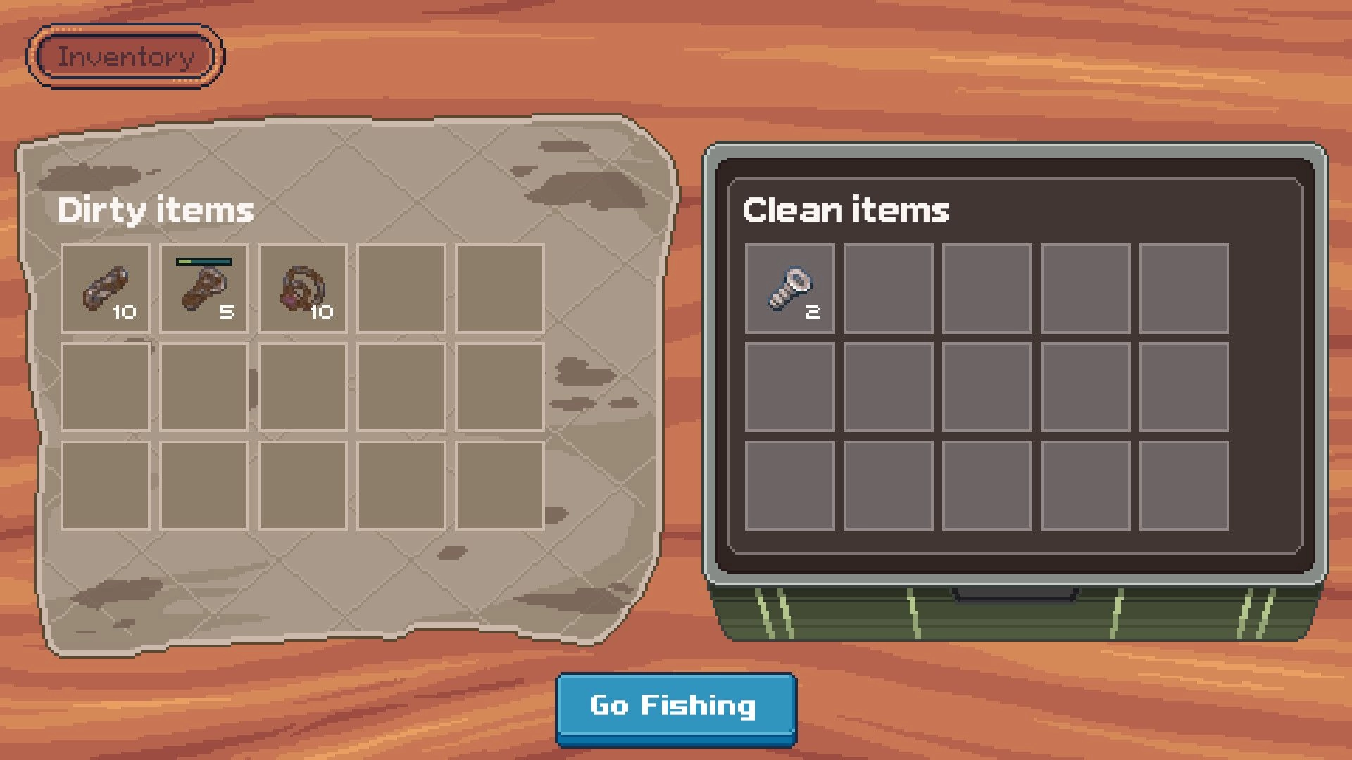 Magnetic Catch: Inventory screen sorting dirty scrap and clean items on a wooden tabletop UI.