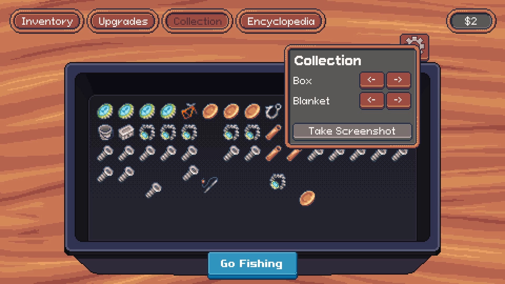 Magnetic Catch: Inventory and Collection UI over scrap grid with Take Screenshot and Go Fishing button.