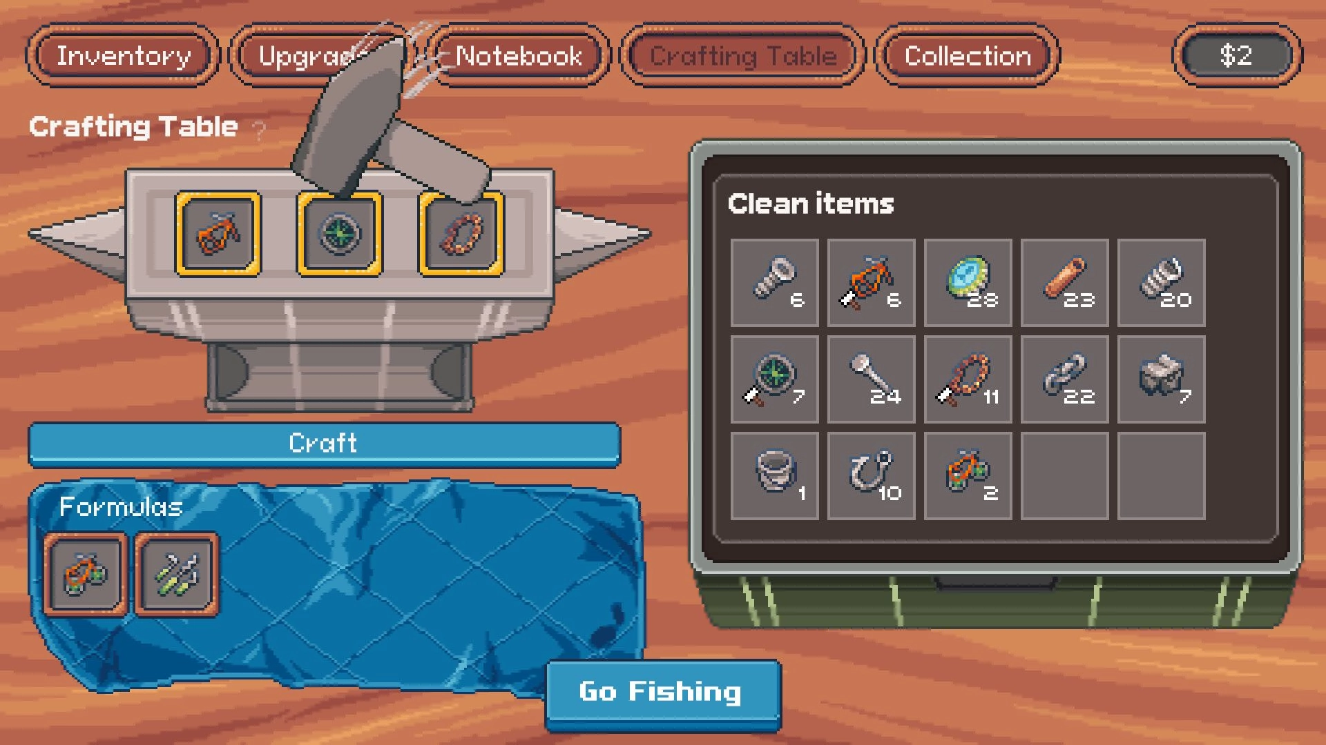 Magnetic Catch: Crafting table menu with three parts slotted and clean items inventory on desk.