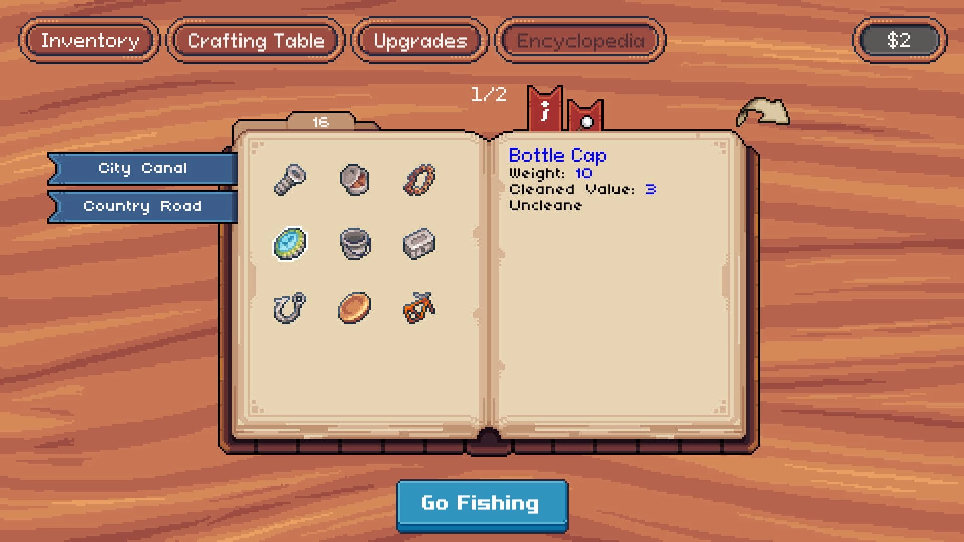 Magnetic Catch: Inventory notebook listing scrap items and bottle cap stats on a wooden table UI.