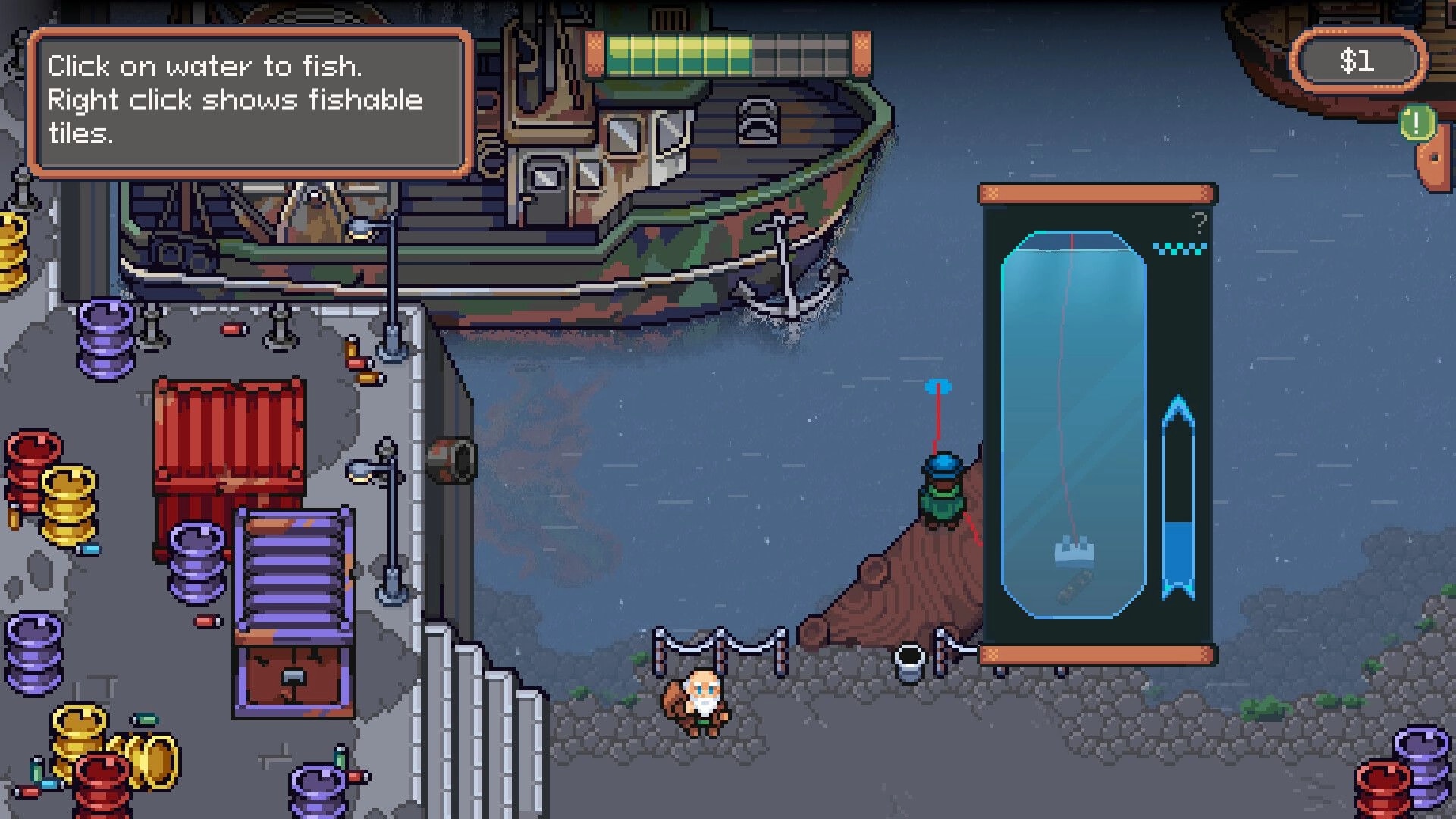 Magnetic Catch: Tutorial fishing UI with depth meter and magnet line beside docked boat at pier.