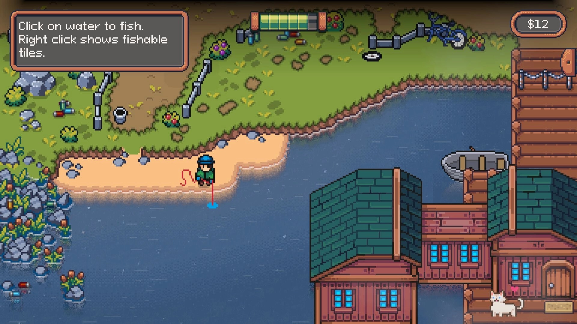 Magnetic Catch: Tutorial prompt as a character magnet-fishes by a dockside lake near a house, $12 UI.