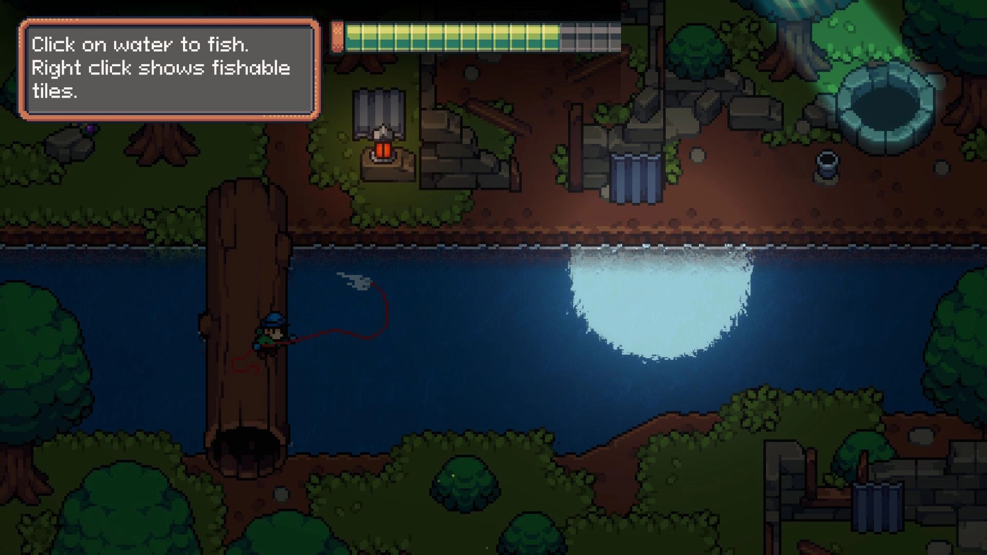 Magnetic Catch: Tutorial prompt as a character fishes from a dock beside a moonlit canal shore.