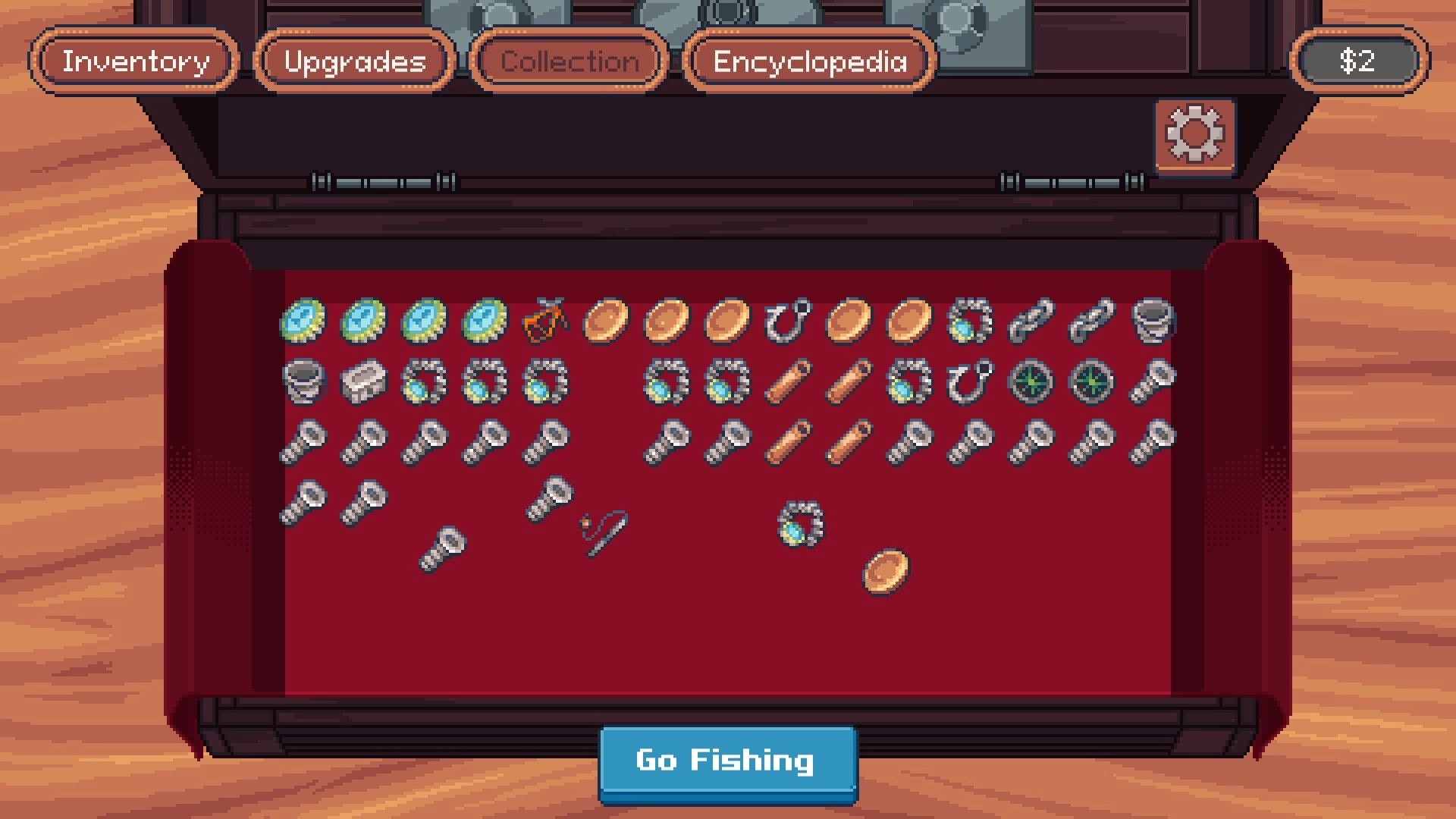 Magnetic Catch: Inventory screen with scrap icons and Go Fishing button on a red mat table UI.