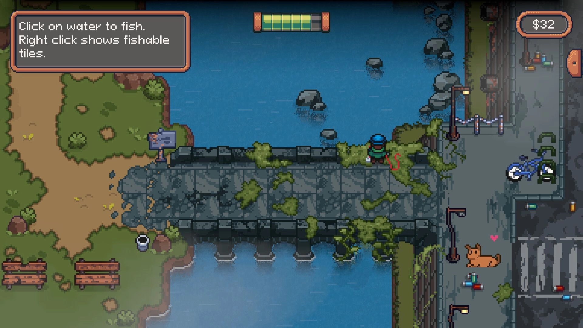 Magnetic Catch: Tutorial prompt as player stands by canal bridge, money $32 and energy bar UI up top.