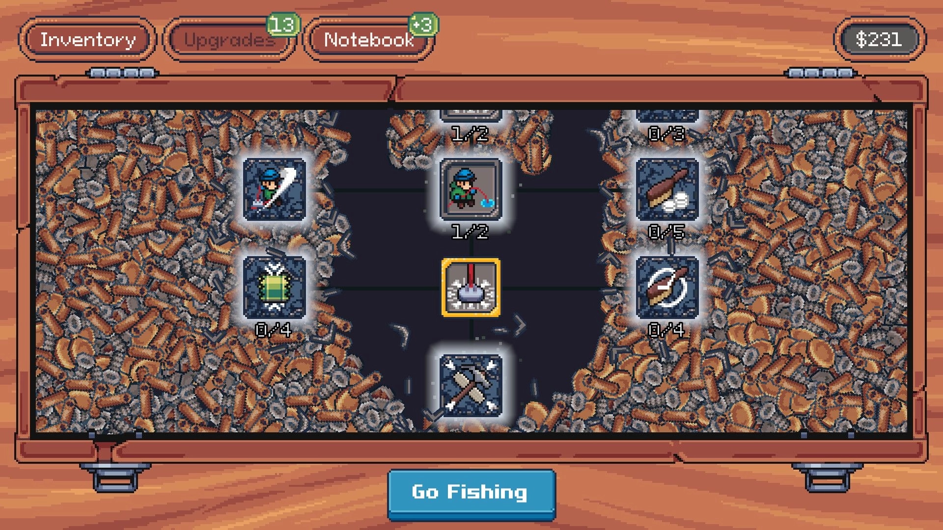 Magnetic Catch: Upgrade skill tree menu with magnet icon selected, scrap-filled background UI screen.